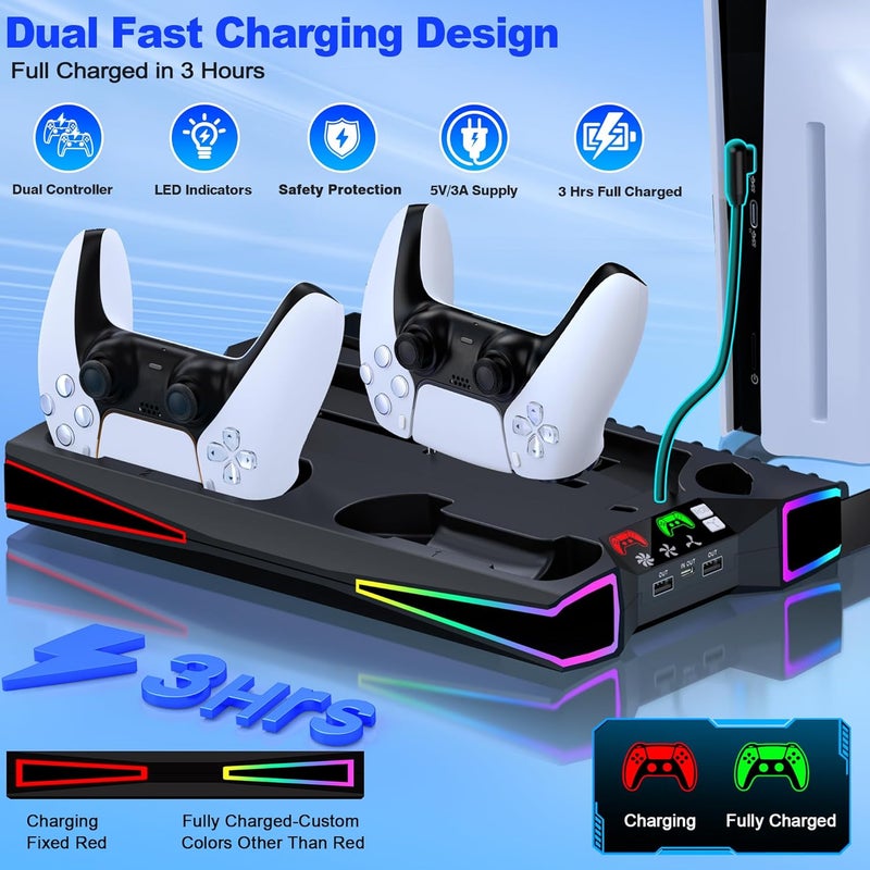 Kawaye محطة تبريد وقوف PS5 لجهاز PS5/PS5 سليم، ملحقات PS5 وقوف عمودي مع مروحة تبريد كبيرة 2.36 بوصة، ضوء ملون، شاحن مزدوج لوحدات التحكم، حامل سماعة الرأس، 3 منافذ شحن - أسود - Image 5